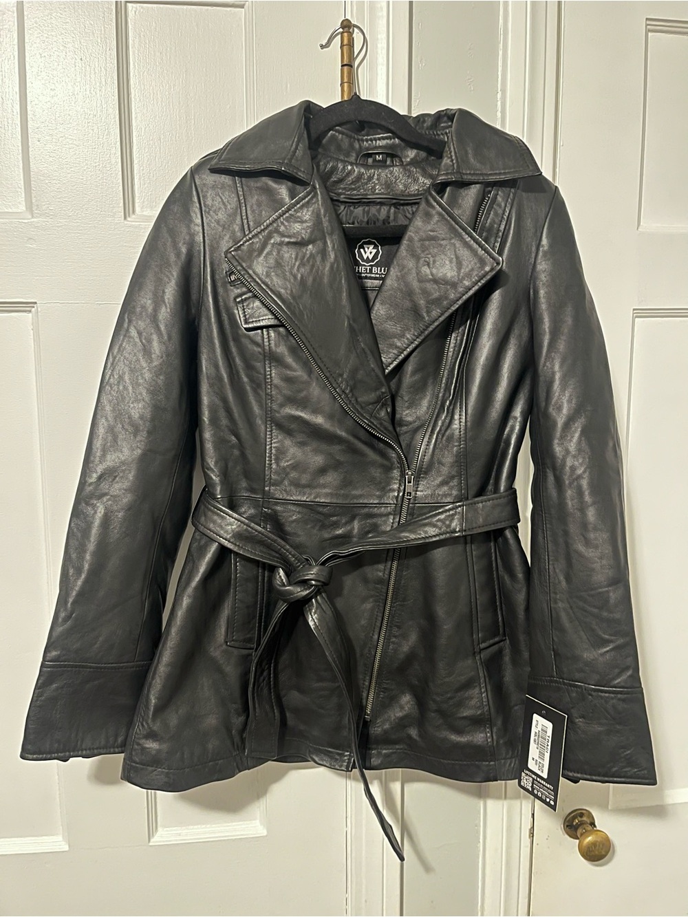 Black Leather Belted Moto Jacket